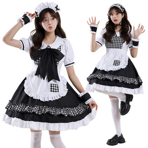 Maid Outfit Lolita Dress Set Black <b>White</b> Checkered Cosplay Costume for Anime Role Play <b>Women</b> Spring 2025 Polyester - Product Image 1