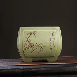 Handmade Zisha <b>Flower</b> <b>Pot</b> Classic Square Green <b>Clay</b> Small Desktop Bonsai Planter Literati Style Su Bing - Product Image 2