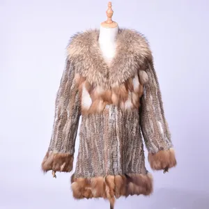Manteau d'hiver en fourrure de renard de luxe MWFur pour femmes, manteaux d'hiver pour femmes, grande taille, poncho tendance, col en fourrure de lapin et de renard, tricot - Product Image 2