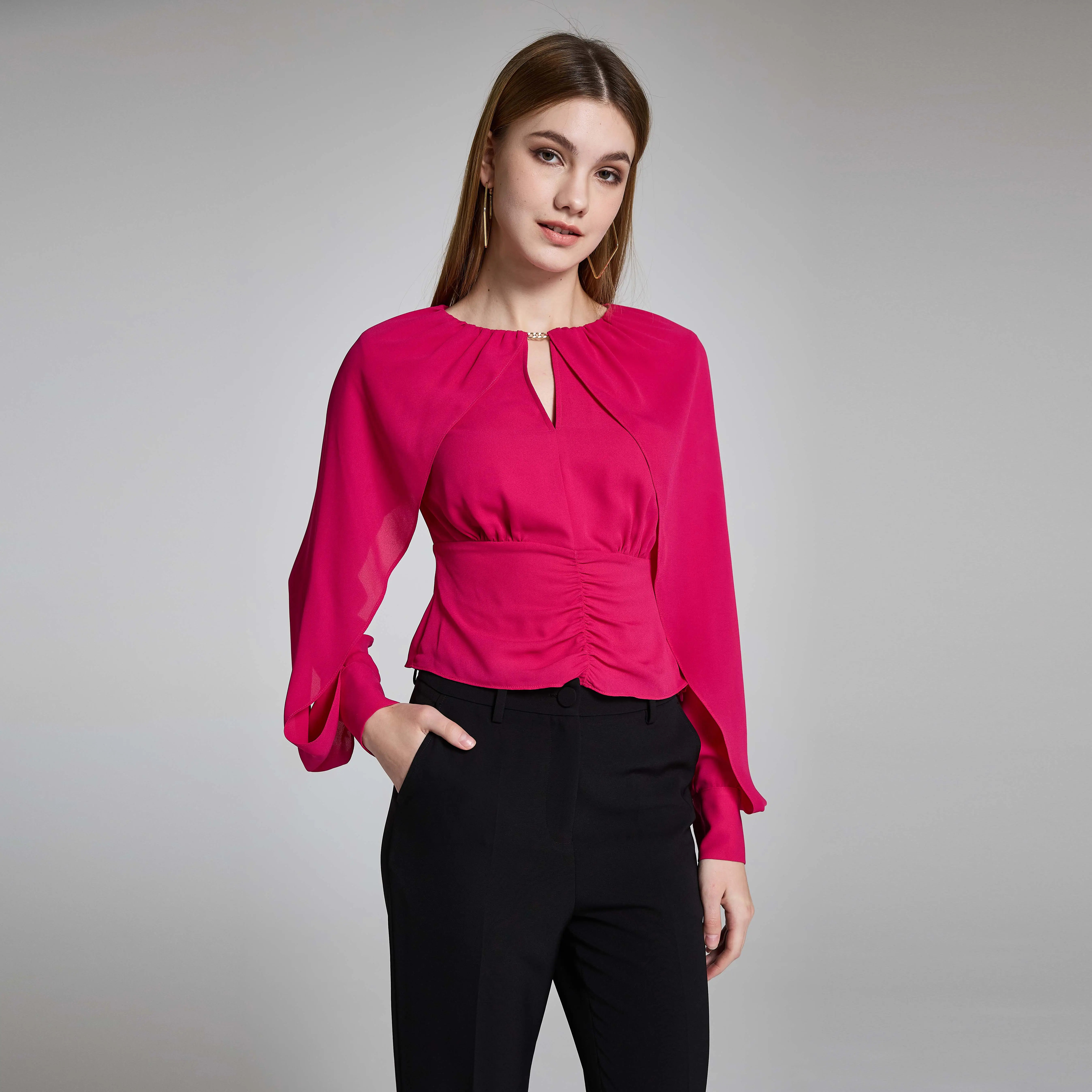 2023 Mode sexy V-Ausschnitt geteilte Laterne Ärmel Party elegante Chiffon Rose rote Hemden Elegante Bluse Frauen Designer Kleidung