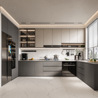 Ensemble d'armoires de cuisine modernes en forme de L, en bois grainé, armoires de cuisine modulaires avec comptoir en marbre et portes sans poignées