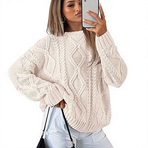 Pulls décontractés surdimensionnés en maille torsadée à col rond pour femmes - <span class=keywords><strong>Pull</strong></span> chaud avec possibilité de personnalisation - Product Image 1