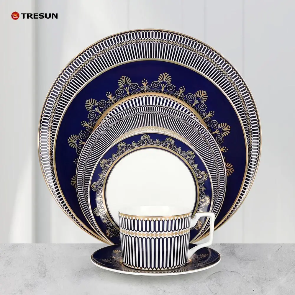 nordic western decoration wholesale classic royal luxury blue bone china charger plate and dishes set for wedding and rental