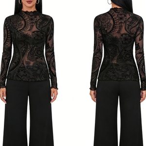 Women's Black Sheer Mesh <b>Top</b> - Long Sleeve High Neck <b>Top</b> With Velvet Paisley & Mandala Print Shirt Fashion - Product Image 5