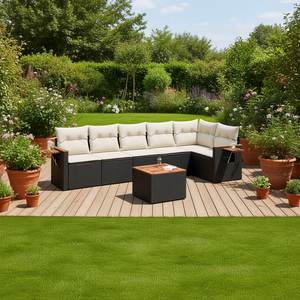 Cream White And Black Garden <b>Sofa</b> Set With Side Tables 6 Seater Outdoor Furniture <b>Rattan</b> Wicker Contemporary Design - Product Image 2
