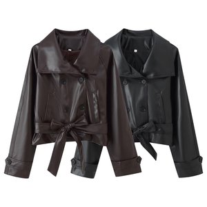 Cappotto <span class=keywords><strong>Trench</strong></span> Corto <span class=keywords><strong>in</strong></span> Ecopelle PU da Donna - Giacca Doppiopetto con Cintura Sehe Fashion - Product Image 6