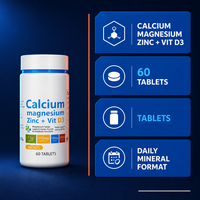 Complément Minéral Calcium Magnésium Zinc + D3 en Comprimés, Fourniture Directe Usine, Flacon de 60 Comprimés, Marque Privée, Faible MOQ, Vente en Gros