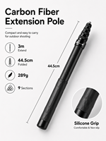 Palo de Selfie Telescópico Universal de Fibra de Carbono, Extensible 3m, Plegable 44.5cm, Ligero 289g, 7/9 Secciones, Impermeable