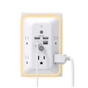 Tonghua 5 way Power Strip With 3 USB electric plug wall charger Dual Outlet Extender And Dusk-to-dawn Sensor Night Light