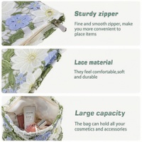 Pochette de voyage en coton brodé de dentelle florale 3D mignonne et ajourée, style mode personnalisé Royal Fair, pour maquillage et cosmétiques, pour filles