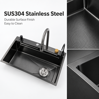 Évier de cuisine simple en acier inoxydable 304 noir nano, avec robinet cascade brossé, à encastrer, pour une utilisation moderne en cuisine
