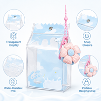 Sac de présentation en PVC transparent motif carton de lait, avec dessus festonné, fermeture à pression, breloque fleur, sangle de suspension, résistant à l'eau, cadeau Kawaii, vente en gros