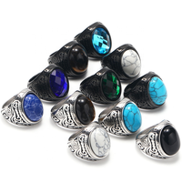 Bague vintage en acier inoxydable incrustée d'agate noire et de turquoise avec sertissage à griffes, pierres de laboratoire, bijoux pour homme