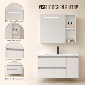 Meuble-lavabo mural blanc en aluminium alvéolé avec miroir LED, <span class=keywords><strong>rangement</strong></span> latéral, vasque et tiroirs, et lavabo en céramique - Product Image 3