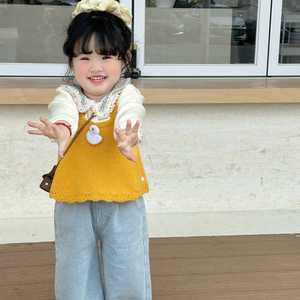 Tongxingyuan Girls Yellow Knit Vest Shirt And Wide Leg Jeans Set Spring Autumn Three Piece Outfit - Product Image 4