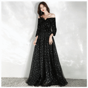 Abito da sera a-line <span class=keywords><strong>paillettes</strong></span> nere brillante o-collo mezza manica abito da ballo formale donna Vintage lungo fino al pavimento abito da festa - Product Image 5