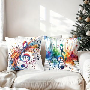Colorful musical note throw pillows decorate cozy living room with festive holiday stockings and reindeer antlers - Product Image 3