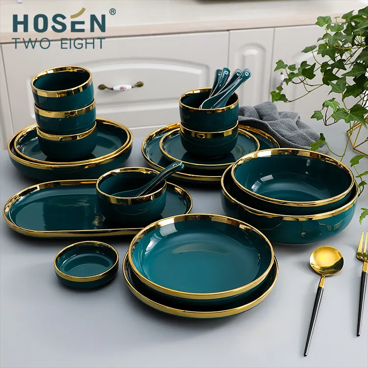 Juego de platos de porcelana con borde dorado personalizado, vajilla, cuencos y platos para el hogar, vajilla de porcelana, juego de cena