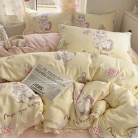 Ensemble de couette quatre pièces tout en coton, imprimé animal de dessin animé, drap de lit d'automne, housse de couette avec rembourrage en laine, qualité résistante à l'eau