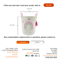 Panier de rangement en corde de coton écologique Cercle Arc-en-ciel avec poignées roses et pompons, grand panier à linge durable pour chambre d'enfant et salon