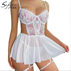 Conjunto de Lencería Sexy para Mujer SFY4080, Estilo Erótico y Tentador, Body Bordado con Aberturas, Falda de Malla con Anillos para las Piernas - Product Image 2