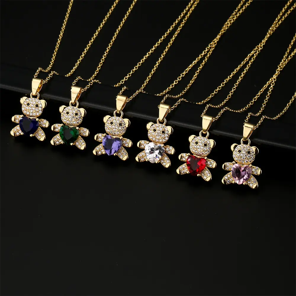 2023 Copper Crystal Zircon Bear Gold Pendant Necklace Fashion Jewelry Sweater Chain