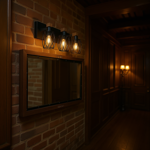 Applique murale industrielle vintage 4 lumières en fer et noyer, 24 pouces, avec cage noire, pour salle de bain - Product Image 2