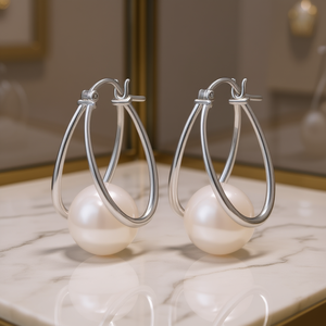 Pendientes de Aro de Oro Blanco E3695 con Perlas de Imitación en Engaste de Bisel, Estilo Clásico para Uso Diario de Mujeres - Product Image 2