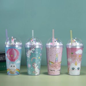 Cartoon Plastic <b>Straw</b> <b>Cup</b> With <b>Lid</b> <b>And</b> <b>Straw</b> Mixed Color For Students Summer Drinkware Two Piece Set - Product Image 1