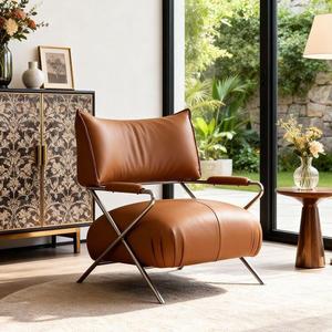 เก้าอี้หนังสไตล์เรโทรพร้อมโครงเหล็กสแตนเลสสำหรับห้องนั่งเล่น ห้องนอน ห้องทำงาน เพื่อการพักผ่อน - Product Image 3