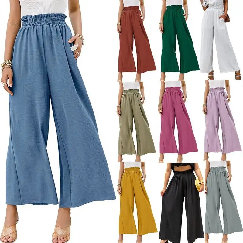 Plus Size Casual Women Pants Elastic Waist Solid Color Cotton And Linen Belt Wide Leg Pants Loose Trousers