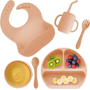 Wholesale Bpa Free Food Grade Sippy Cup Non-slip Suction Bowl Spoon Fork Silicone Baby Feeding Set For Toddlers