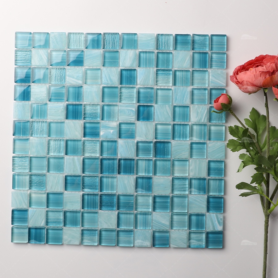 Carreaux de piscine en verre, mosaïque cristal de fonte chaude, prix d'usine, salle de bains, carreaux de piscine carrés, bleu, 1 pouce