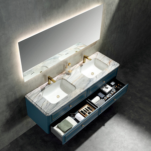 Meuble de rangement mural de salle de bain en bois massif au design moderne et luxueux, double vasque haut de gamme pour villas, porte laquée - Product Image 1