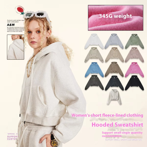 Sweat-shirt à capuche rétro américain pour femme, taille <span class=keywords><strong>plus</strong></span>, 345 grammes, vêtements de printemps, doublé en polaire, épaissi, haut court tendance - Product Image 1