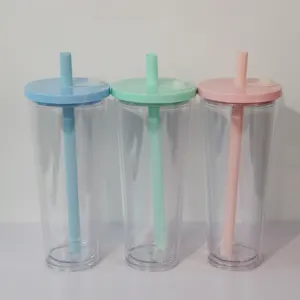 Wholesale 24oz boba cups acrylic plastic double wall clear tumbler paper insert 16oz plastic tumbler with straw