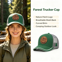 Gorra Trucker de Malla Estilo Forestal con Parche de Cuero Redondo, Gris, Transpirable, con Doble Línea Blanca Decorativa en la Parte Trasera