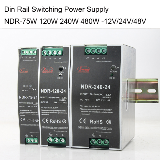 NDR Series NDR-75W/120W/240W/480W 12V/24V/48VDC Single Output AC-DC Thin Din Rail Power Supply Industry Use RoHS CE ISO9001