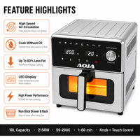 Four à Friture à Air Chaud Numérique Grande Capacité 10L 2150W avec Corps en Acier Inoxydable, Écran LED et Fenêtre Visible, Appareil de Cuisine Domestique