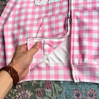 Sweat à capuche zippé court pour homme, coupe ample, en coton French Terry, avec logo personnalisé, motif Gingham rose et blanc