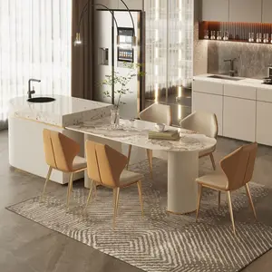 OKF İtalyan minimalist katı ahşap kaplama boyalı taban çerçeve kaya döşeme tezgah modern lüks restoran yemek masası