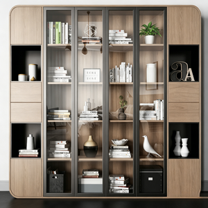 BALOM Luxury <strong>Cream</strong> Style Fluted Panel <strong>Bookcase</strong> With Tempered Glass Door LED Lighting Bedroom Storage Display Unit - Product Image 3
