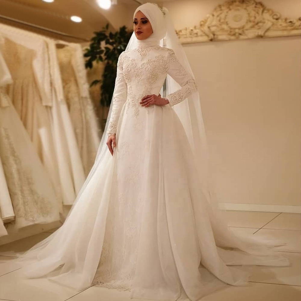 wedding dress muslim Beaded High Neck Long Sleeve Custom A-line Muslim Wedding Dress main image 0