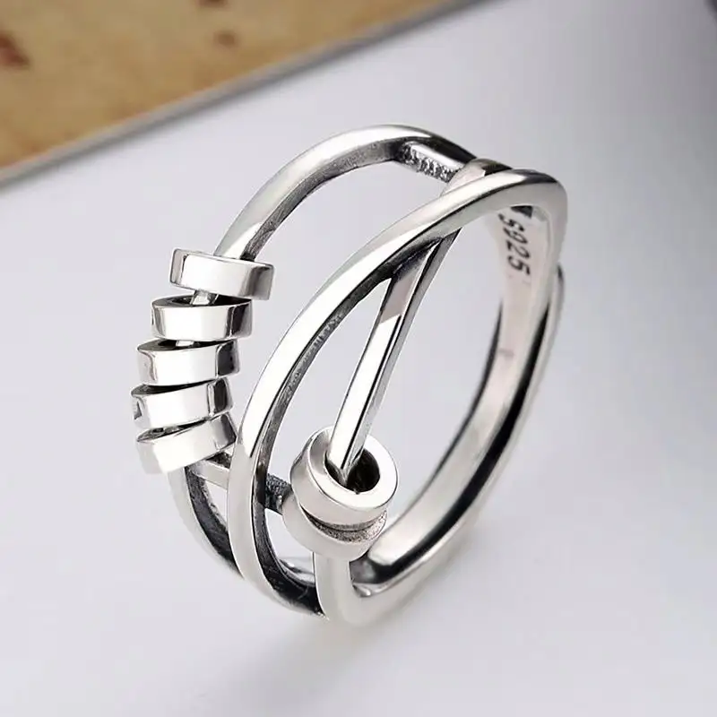 Personalized Adjustable Stainless Steel Rings Newest Spinner Bead Fidget Ring Jewelry Silver Anti Anxiety Ring