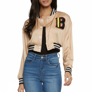 Chaqueta universitaria personalizada para mujer, chaqueta con bordado de alta calidad, Mangas de cuero, longitud larga, Béisbol personalizado, Letterman Varsity - Product Image 1