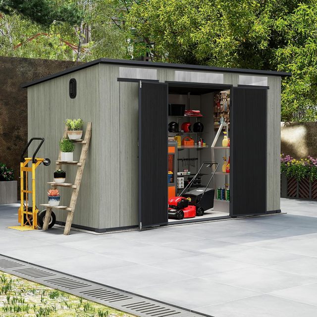 6x11FT Durable Outdoor Resin Storage Shed with Windows Vents Lockable Double Doors Gable Roof for Garden & Patio