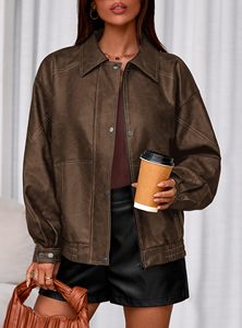 Veste en simili cuir pour femme, bomber, veste zippée de motard, surdimensionnée, tenues de mode d'automne, manteaux d'hiver 2026 - Product Image 2