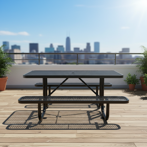 طاولة طعام خارجية مستطيلة حديثة قابلة للتمديد مقاس 72 بوصة مع مجموعة كراسي، مصنوعة من المعدن الأسود والبلاستيك الحراري - Product Image 1