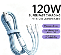 Câble de charge rapide 120W 3 en 1, cordon de charge USB tressé Macaron pour appareils iOS et Android