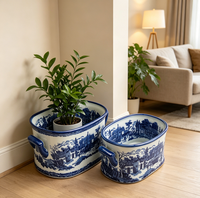 Set 2 Pot Tanaman Keramik Biru dan Putih Gaya Eropa dengan Pola Lanskap, Pot Oval dengan Pegangan Samping, cocok untuk foot bath